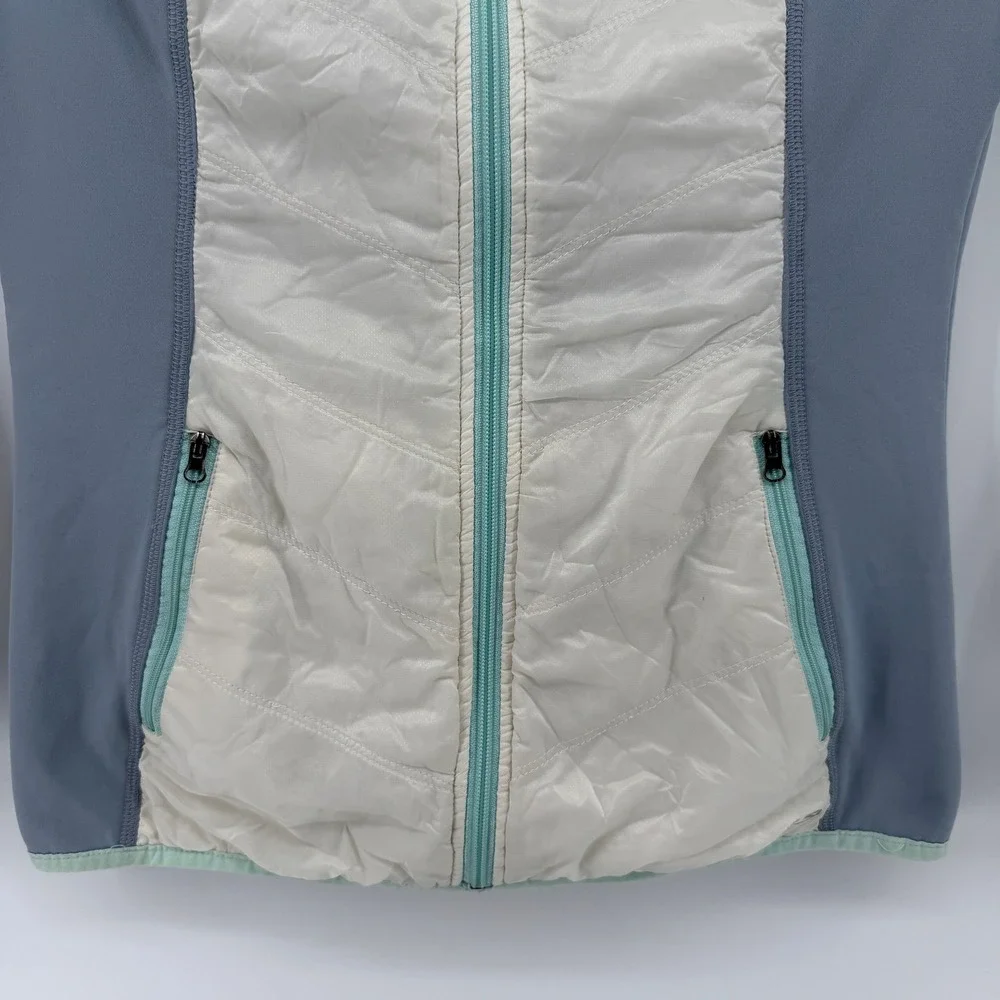 Champion Hybrid Puffer Jacket Womens Small Grey White Full Zip Mock Neck Active